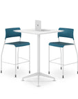 Two blue stools with white legs around a white square table on a white background. Kansas City Office Design