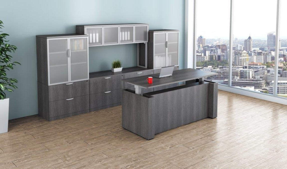Executive Laminate 30"x72" Height Adjustable Desk and storage behind in New Grey Laminate - Kansas City Office Furniture