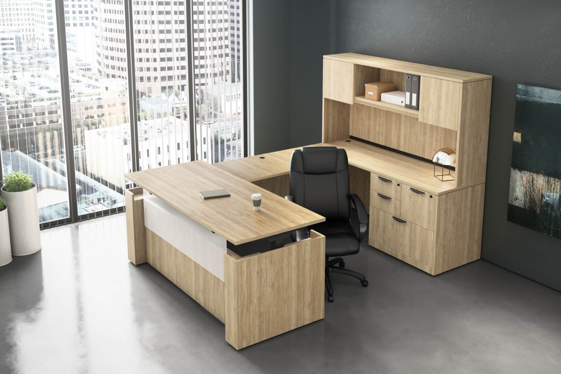 U-shape Executive Laminate 30"x72" Height Adjustable Desk in Aspen Laminate - Kansas City Office Furniture