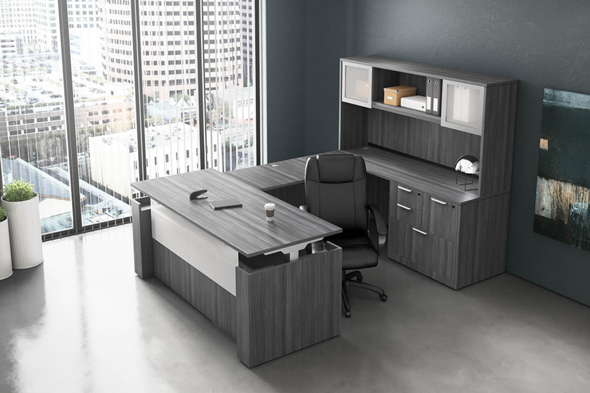 U-shaped Executive Laminate 30"x72" Height Adjustable Desk in New Grey Laminate - Kansas City Office Furniture