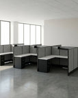 Modern office AIS Divi cubicles with gray partitions in a bright room. Kansas City Office Design