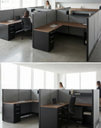 Collaborative office space with L-shaped desk and privacy panels. Kansas City Office Design.