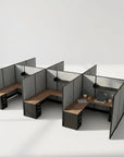 Modern office cubicle setup with wooden desks and gray partitions on a white background. Kansas City Office Design