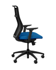 Side view of the SitOnIt Hexy ergonomic highback task chair in black frame and blue fabric. Kansas City Office Design