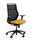 Front view of the SitOnIt Hexy ergonomic highback task chair in black frame and gold fabric. Kansas City Office Design