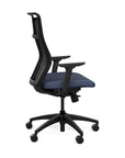 Side view of the SitOnIt Hexy ergonomic highback task chair in black frame and sapphire vinyl fabric. Kansas City Office Design