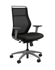 Front view of the SitOnIt Hexy ergonomic highback task chair in gray frame and black vinyl fabric. Kansas City Office Design