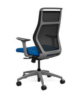 Back view of the SitOnIt Hexy ergonomic highback task chair in gray frame and blue fabric. Kansas City Office Design