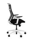 Side view of the SitOnIt Hexy ergonomic highback task chair in white frame and black fabric. Kansas City Office Design