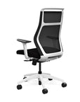 Back view of the SitOnIt Hexy ergonomic highback task chair in white frame and black fabric. Kansas City Office Design