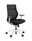 Front view of the SitOnIt Hexy ergonomic highback task chair in white frame and black vinyl fabric. Kansas City Office Design