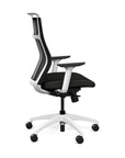 Side view of the SitOnIt Hexy ergonomic highback task chair in white frame and black vinyl fabric. Kansas City Office Design