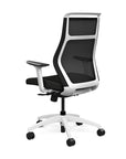 Back view of the SitOnIt Hexy ergonomic highback task chair in white frame and black vinyl fabric. Kansas City Office Design