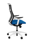 Side view of the SitOnIt Hexy ergonomic highback task chair in white frame and blue fabric. Kansas City Office Design