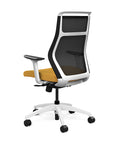 Back view of the SitOnIt Hexy ergonomic highback task chair in white frame and gold fabric. Kansas City Office Design