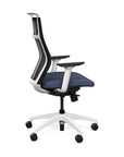 Side view of the SitOnIt Hexy ergonomic highback task chair in white frame and sapphire vinyl fabric. Kansas City Office Design