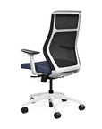 Back view of the SitOnIt Hexy ergonomic highback task chair in white frame and sapphire vinyl fabric. Kansas City Office Design