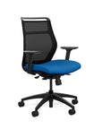 Front view of the SitOnIt Hexy ergonomic midback task chair in black frame and blue fabric. Kansas City Office Design
