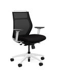 Front view of the SitOnIt Hexy ergonomic midback task chair in white frame and black fabric. Kansas City Office Design