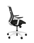 Side view of the SitOnIt Hexy ergonomic midback task chair in white frame and black vinyl fabric. Kansas City Office Design