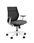 Front view of the SitOnIt Hexy ergonomic midback task chair in white frame and gray fabric. Kansas City Office Design