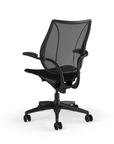 Back view of Humanscale Liberty desk chair showing breathable mesh back and Duron armrests. Black Fabric, Black Frame, Black Mesh. Kansas City Office Furniture