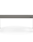 Front view of the Humanscale eFloat Quattro height adjustable 29"x70" desk with white base and gray top. Kansas City Office Design.
