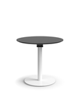 Humanscale Float Gather 30" Round Table in white Base with black laminate Top in sitting position. Kansas City Office Design.