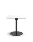 Humanscale Float Gather 30" square Table in black base with white laminate top in sitting position. Kansas City Office Design.