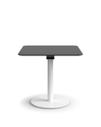 Humanscale Float Gather 30" square Table in white base with black laminate top in sitting position. Kansas City Office Design.