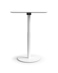 Humanscale Float Gather 30" square Table in white base with white laminate top in standing position. Kansas City Office Design.