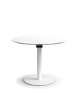Humanscale Float Gather 36" round Table in white base with white laminate top in sitting position. Kansas City Office Design.