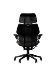 Humanscale Freedom executive chair with headrest, black frame with Elmosoft Leather Black 99999, back view. Kansas City Office Design.