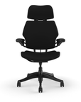 Front view of the HumanScale Freedom with Headrest in a black polyurethane fabric with black frame. Kansas City Office Furniture.