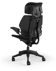 Back view of the HumanScale Freedom with Headrest in a black polyurethane fabric with black frame. Kansas City Office Furniture.