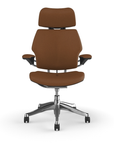 Freedom Ergonomic Executive Chair with Headrest, Polished Aluminum, Saddle Leather (Corvara), back view. Kansas City Office Design.