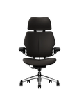 Humanscale Freedom executive chair with headrest, polished frame with Elmosoft Leather Black 99999, front view. Kansas City Office Design.