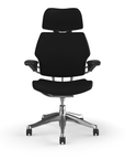 Front view of the HumanScale Freedom with Headrest in a white polyurethane fabric with black frame. Kansas City Office Furniture.