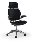 Side view of the HumanScale Freedom with Headrest in a black fabric with polish aluminum frame. Kansas City Office Furniture.