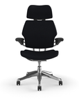 Front view of the HumanScale Freedom with Headrest in a black fabric with polish aluminum frame. Kansas City Office Furniture.