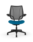 Front view of Humanscale Liberty desk chair showing breathable mesh back and Adjustable Duron armrests. Peacock Fabric, Black Frame, Black Mesh. Kansas City Office Furniture