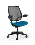 Side view of Humanscale Liberty desk chair showing breathable mesh back and Adjustable Duron armrests. Peacock Fabric, Black Frame, Black Mesh. Kansas City Office Furniture