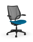 Side view of Humanscale Liberty desk chair showing breathable mesh back and Duron armrests. Peacock Fabric, Black Frame, Black Mesh. Kansas City Office Furniture