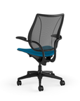 Back view of Humanscale Liberty desk chair showing breathable mesh back and Duron armrests. Peacock Fabric, Black Frame, Black Mesh. Kansas City Office Furniture