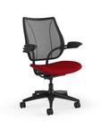 Side view of Humanscale Liberty desk chair showing breathable mesh back and Adjustable Duron armrests. Parma Red Fabric, Black Frame, Black Mesh. Kansas City Office Furniture