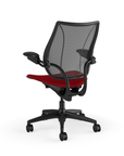 Back view of Humanscale Liberty desk chair showing breathable mesh back and Adjustable Duron armrests. Parma Red Fabric, Black Frame, Black Mesh. Kansas City Office Furniture