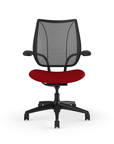 Front view of Humanscale Liberty desk chair showing breathable mesh back and Duron armrests. Parma Red Fabric, Black Frame, Black Mesh. Kansas City Office Furniture