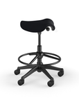 Side view of a Humanscale Pony Stool with 20" foot ring, black fabric saddle seat and graphite frame. Kansas City Office Design.