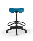 Front view of a Humanscale Pony Stool with 20" foot ring, peacock blue fabric saddle seat and graphite frame. Kansas City Office Design.