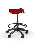Side view of a Humanscale Pony Stool with 20" foot ring, red fabric saddle seat and graphite frame. Kansas City Office Design.